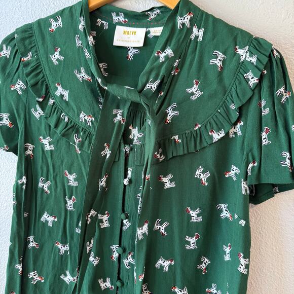 Maeve by Anthropologie Adagio Green Ruffled Dog Shirt Short Sleeves Size Small - Picture 3 of 9